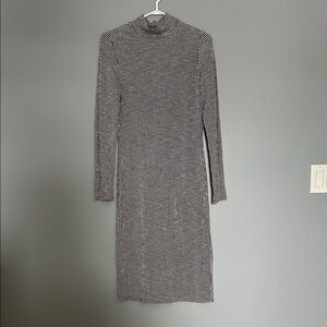 Striped Black and White Long-Sleeve Mock Neck Dress